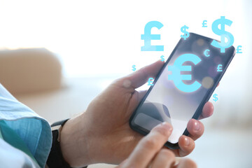 Fintech concept. Man with smartphone at home, closeup