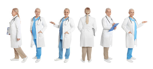 Poster - Collage with photos of mature doctor on white background, banner design