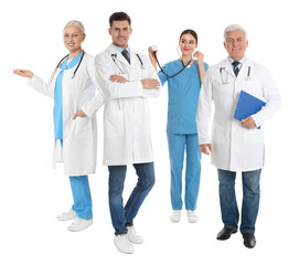 Wall Mural - Collage with photos of doctors on white background