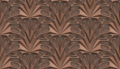 Wall Mural - 3D Wallpaper simulating 3D panels tropical leaves of copper metal on brown background. High quality seamless realistic texture.