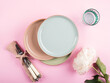 Pastel color crockery tableware on pink background. Textured empty ceramic dishes. Table setting concept. Flat lay, mock up