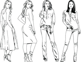 vector drawings on the theme of beautiful slim sporty girl in casual clothes in various poses painted ink hand sketch with no background