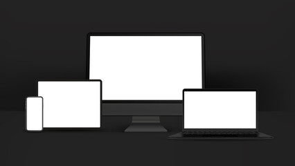 Aufkleber - Black smartphone, tablet, personal computer, laptop isolated on white background. Realistic and detailed devices mockup