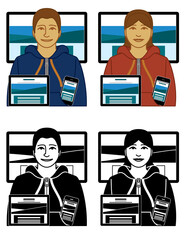 Wall Mural - set of IT services web developer and web designer vector icons male and female, wearing hoodie with digital devices displaying a website, isolated on a white background