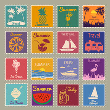 Set Postage Stamp Summer Vacation Sunset Watermelon Jar Ice Cream Yacht Van Sailboat Pineapple Flamingo