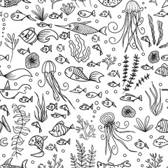 Aquarium fish, jellyfish, aquatic plants outline seamless vector pattern. Texture for fabric, wrapping, textile, wallpaper, apparel. 