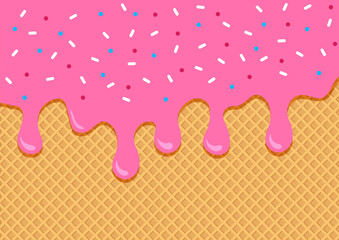 Fruits waffle background with pink ice cream flowing down, wafer textured. Vector illustration