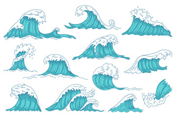 Sea waves. Ocean hand drawn water wave, vintage storm tsunami waves, raging marine water shaft isolated vector illustration icons set. Water ocean storm, splash wave collection