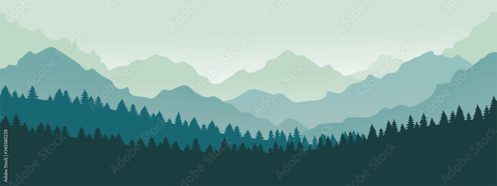 Mountains panorama. Forest mountain range landscape, blue mountains n twilight, camping nature landscape silhouette vector illustration. Forest range landscape, panorama silhouette hill - obrazy, fototapety, plakaty 
