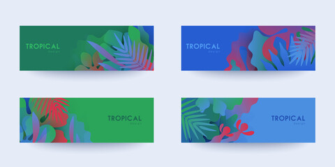 tropical theme banners set. colorful compositions of palm leaves and halftone patterns. geometric de
