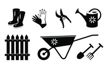 Garden Tools Set Black White Silhouette Isolated On White Background. Collection Of Garden Attributes. Stock Vector Illustration.