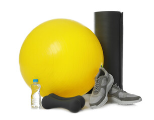 Sticker - Fitness ball, bottle of water and sport accessories isolated on white