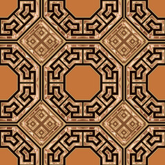 Wall Mural - Textured greek key meander seamless pattern. Modern abstract geometric background. Ornamental vector backdrop. Grunge tribal ethnic ornament with mazes, lines, frames, shapes, rhombus. Ornate design