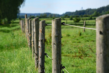 Detail Of An Electric Fence Made Of Wood And With Cables On A Pasture