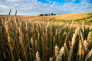 Ears of ripening wheat over the hills with blue sky background. Warm sunset light