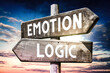 Emotion, logic - wooden signpost, roadsign with two arrows