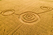 Fake UFO circles on grain crop yellow field, aerial view from drone. Round geometry shape symbols as alien signs, mystery concept.