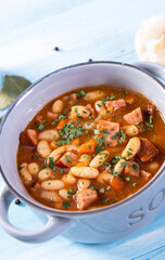 Wall Mural - Baked beans in tomato sauce with chopped sausage