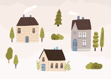 Hand Drawn Village With Houses And Trees Vector Flat Illustration. Colorful Cozy Buildings With Smoke From The Chimney. Residential Homestead, Cottage Or Villa Surrounded By Green Plants