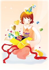 Wall Mural - girl with a box filled with sweets