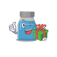 Sticker - Syrup medicine cartoon character concept with a big gift box