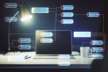 Abstract creative coding illustration on modern computer background, software development concept. Multiexposure