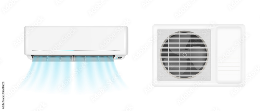 Air conditioner handing on wall and conditioning ventilator on window. Vector realistic mockup of split system for climate control with cold wind flows. Aircon isolated on white background - obrazy, fototapety, plakaty 
