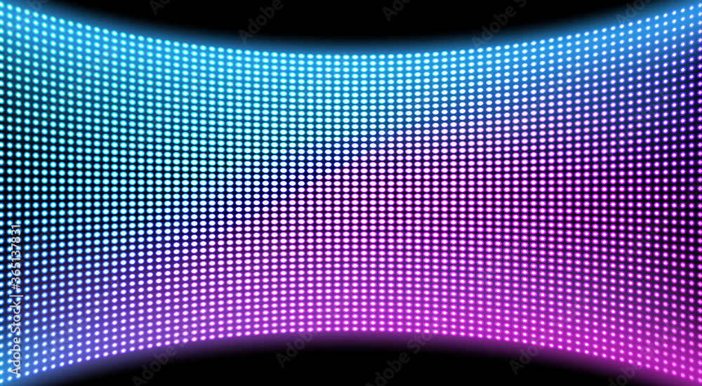 LED video wall screen texture background, blue and purple color light diode dot grid concave tv panel, lcd display with pixels pattern, television digital monitor, Realistic 3d vector illustration - obrazy, fototapety, plakaty 