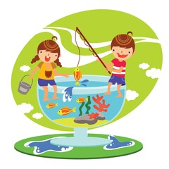 Sticker - children fishing