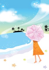 Canvas Print - woman holding umbrella at the beach