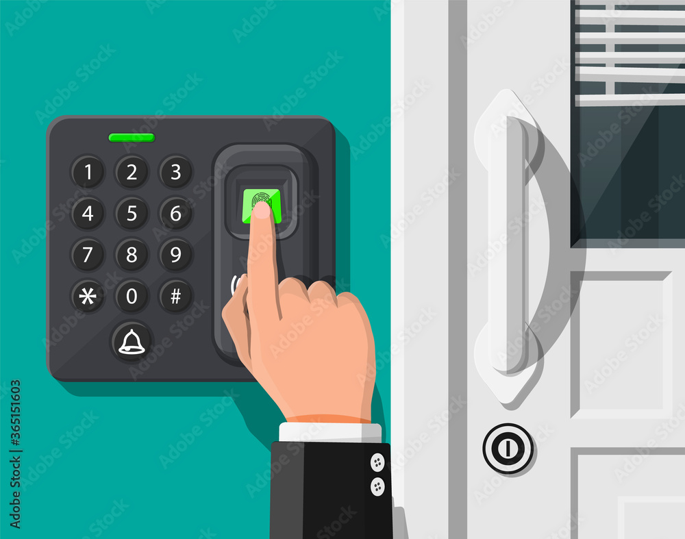 Password and fingerprint security device at office or home door. Access ...