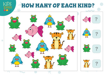 How many of each kind cartoon animals counting game for kids vector illustration