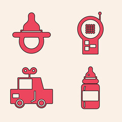 Wall Mural - Set Baby bottle, Baby dummy pacifier, Baby Monitor Walkie Talkie and Toy car icon. Vector.