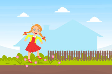 Sticker - Bully Girl Treading Down Flowers in Meadow, Kids Aggressive Behavior Cartoon Vector Illustration