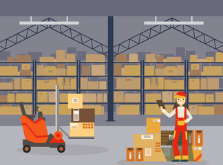 Sticker - Warehouse Indoor Space with Goods on Shelf, Professional Workers in Uniform and Forklift Car, Storage, Distribution and Delivery Service Flat Vector Illustration