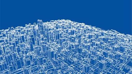 Wall Mural - Wire-frame Twisted City, Blueprint Style