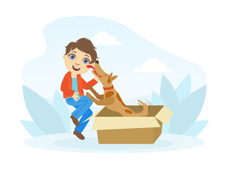 Sticker - Cute Happy Boy Taking Out Dog of Gift Box Flat Vector Illustration