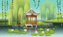 Chinese Gazebo On The Lake With Water Lilies And Willows. Сartoon Style Vector Illustration.