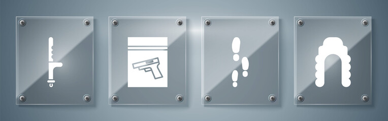 Wall Mural - Set Judge wig, Footsteps, Evidence bag and pistol or gun and Police rubber baton. Square glass panels. Vector.