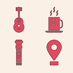 Wall Mural - Set Location, Guitar, Cup of tea with tea bag and Flashlight icon. Vector.