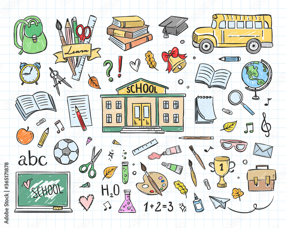 school-sketch-illustration-set-back-to-school-vector-collection-with