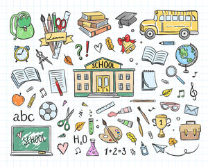 School sketch illustration set. Back to school vector collection with supplies, school building, yellow bus, globe and other elements