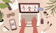 © Irina Strelnikova - Business Person working Remote at Home and using Laptop for Video Meeting with Colleagues. People Characters Talking Online. Video Conference Concept. Flat Cartoon Vector Illustration.