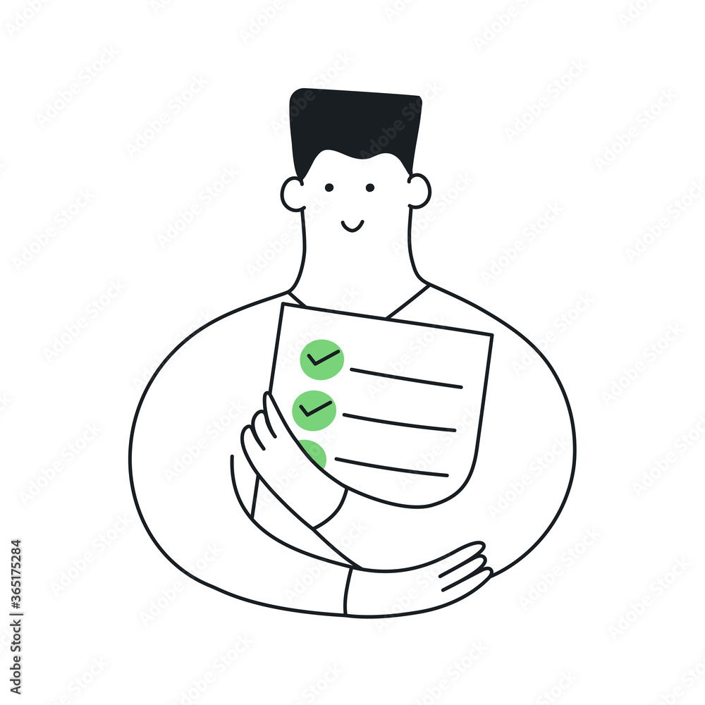 Cute cartoon man holding to do list with green checkmarks. Management ...