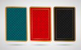 Fototapeta  - Three poker playing cards back side design - black, turquoise, red and golden colored