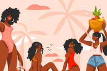 Hand Drawn Vector Abstract Stock Flat Graphic Illustration With Young ,happy Black Afro American Beauty Women Group In Swimsuit On Sundown View Scene On The Beach Isolated On Pink Pastel Background
