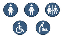Vector Set Of Bathroom Or Restroom Labels Or Signs For Men, Women, Unisex, Handicap And Baby Changing Station. Icons Are Blue Circles With White Symbols Depicting A Man, Woman, Wheelchair And Baby.