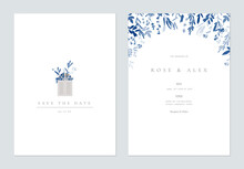 Floral Wedding Invitation Card Template Design, Hand Drawn Blue Floral On White