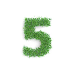 5 five number symbol made of green grass isolated on white background, part of the set. Sustainable technology or lifestyle related 3d rendering