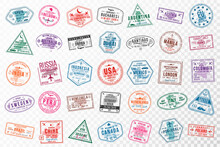 Set Of Travel Visa Stamps For Passports. Abstract International And Immigration Office Stamps. Arrival And Departure Visa Stamps To Europe, America, Asia And Australia